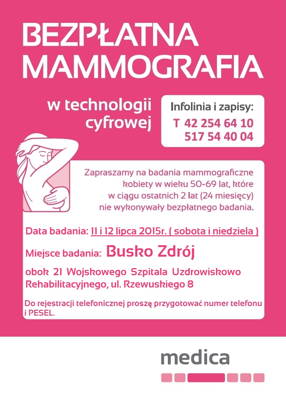 plakat w formie elektronicznej -  bezpłatne badania mammograficzne dla kobiet w wieku 50 - 69 lat