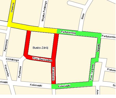 Schemat obrazujący obszar wystąpienia utrudnień w ruchu drogowym w dniu 27 lipca 2014r. utrudnienia_20140727_mapa